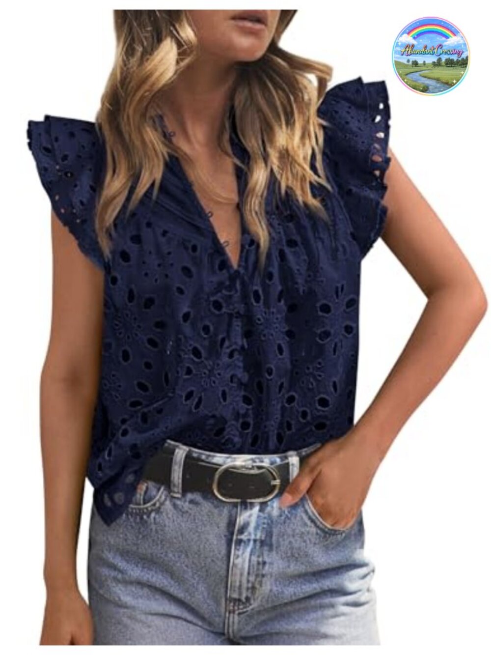 Eyelet V Neck Flutter Sleeve Button Up Summer Blouse Top